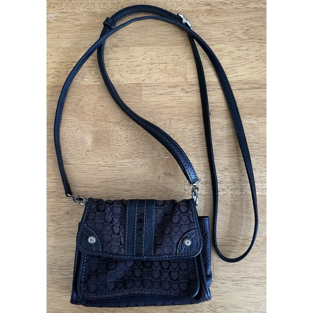 VTG Brighton Micro Mini Fabric & Leather Crossbody Bag Heart Pattern Brown Black